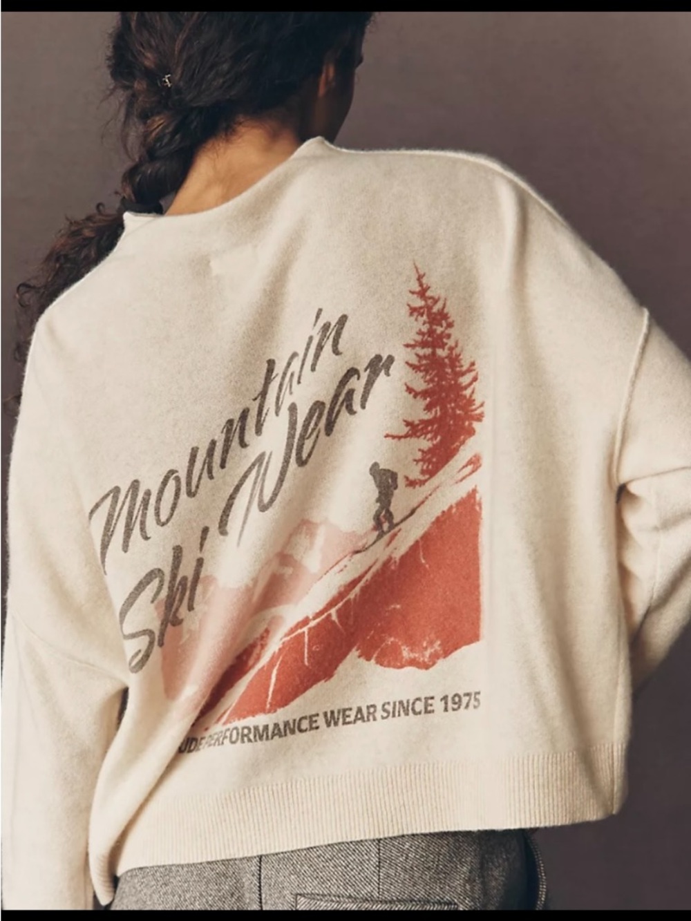 Anthropologie Cream Crewneck Sweater with Rust Ski Graphic